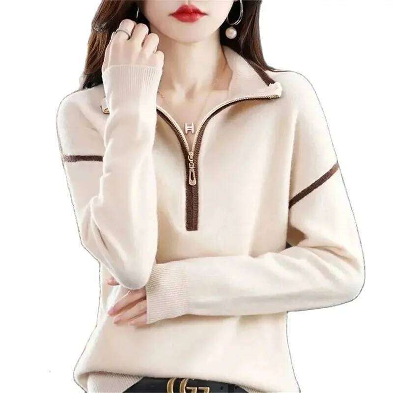 2024 Polo Collar Wool Women's New Half High Zipper Loose Outer Hoodie High-End Base Knit Sweater Solid Color Jacket Lady Z260313