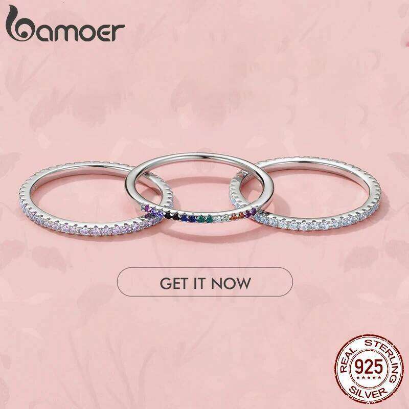 BAMOER 925 Sterling Silver Full Paved Simulated Diamond Stackable Rings, Women Gold Plated Engagement Eternity Bands Colored CZ H260312