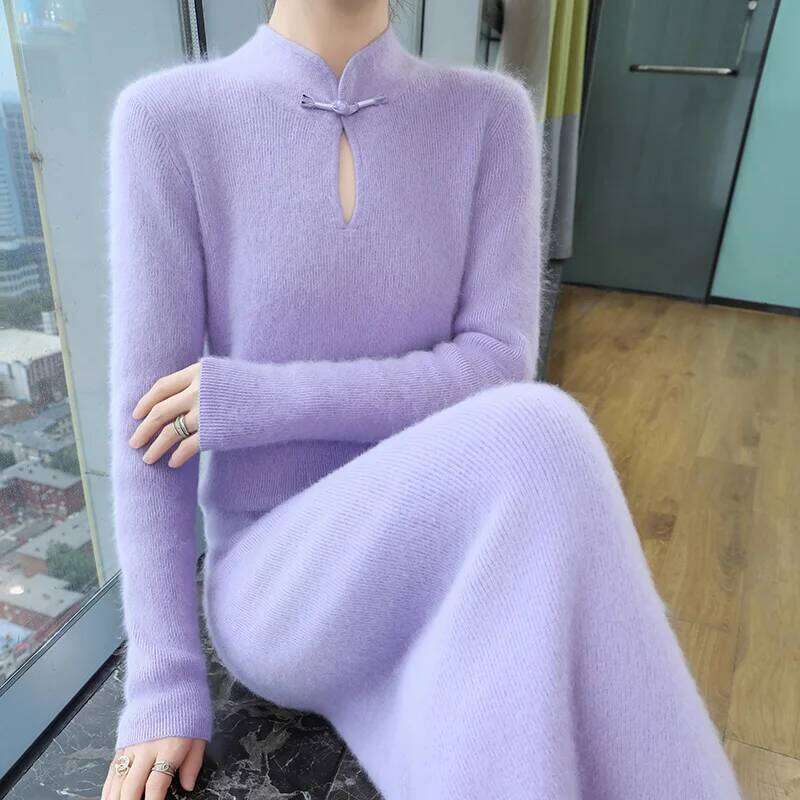 Women' 100%Pure Mink Cashmere Stand-Up Collar Buckle Slim Knit Long Skirt Fashion High Waist Over The Knee Bottoming Dress Z260314