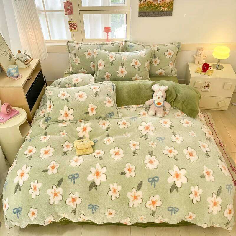 White Plant Flower Milk Velvet Duvet Green Reversible Soft Skin-friendly Comforter Cover Adult Kid Bedroom Winter Bedding H260312 - view 7