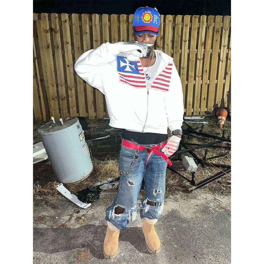 Autumn new national flag minimalist design color collision pattern men hooded Harajuku Y2k loose zipper sweatshirt Z260315