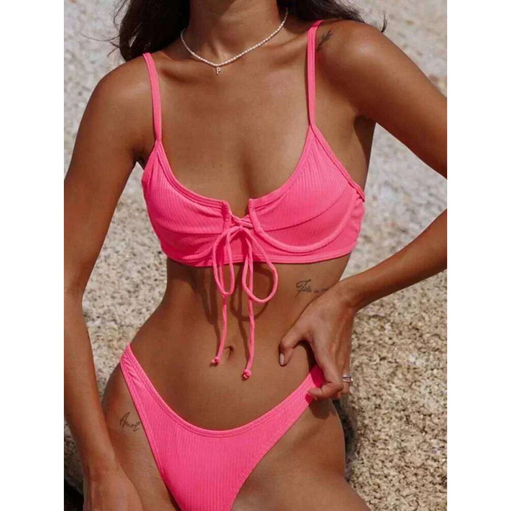 Ribbed Underwired V-Bar 2025 Women Swimsuit Female Swimwear Two Pieces Bikini Set Knotted Push Up Bathing Suit Swim Lady Y260303