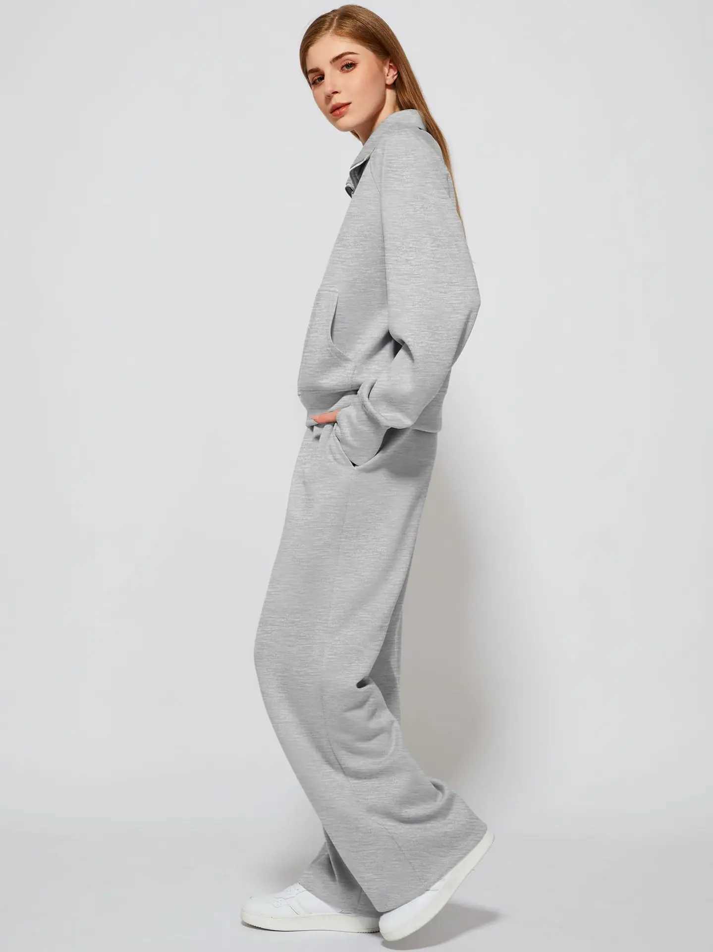 Woman Solid Color Half Zip Long Sleeve Sweatshirt and Wide Leg Pants Set Casual Sporty Two Piece Outfit M260313