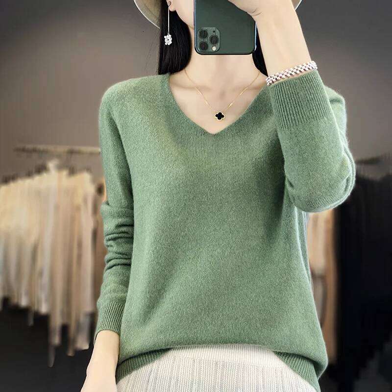 Women 100% Merino Wool Sweater V-Neck Basic Pullover Autumn Winter Cashmere Clothing Long Sleeve Soft Knitwear Tops Solid Color Z260313
