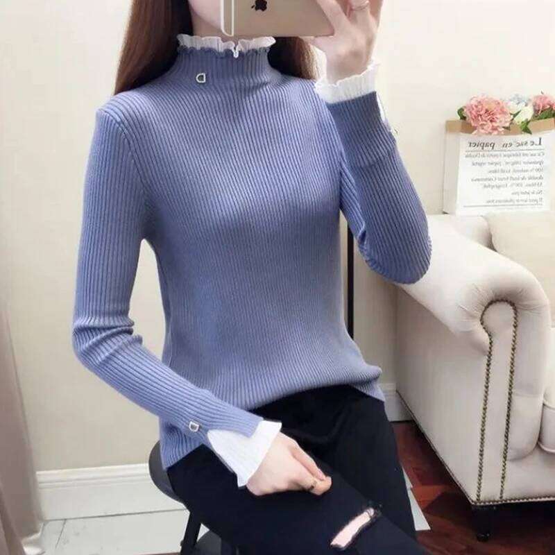 Y2k Turtleneck Women Sweaters Korean Lace Patchwork Female Warm Pullovers Autumn Elegant Chic Flare Sleeve Ladies Casual Tops Z260314