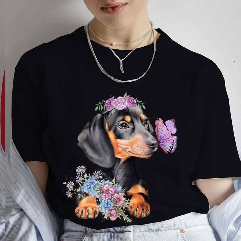 Fashion Cartoon Dachshund Clothes Graphic Dog Lover Print T Shirt for Casual Crew Neck Short Sleeve Plus Size Tshirt Women Z260314