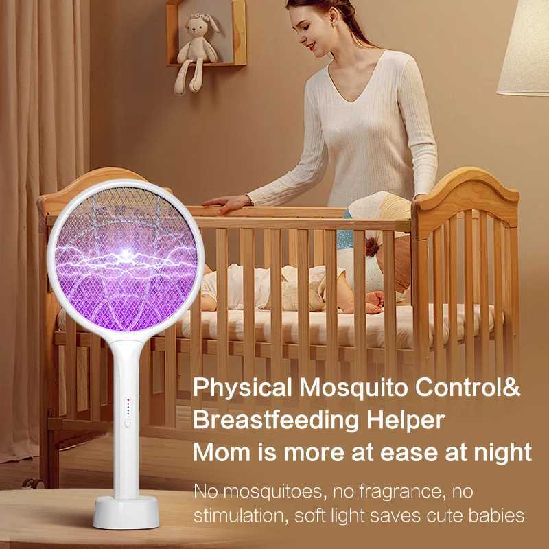 2PC Electric Fly Swatter 4000V Bug Zapper Racket Dual Modes Mosquito Killer with Purple Mosquito Light Rechargeable H260313