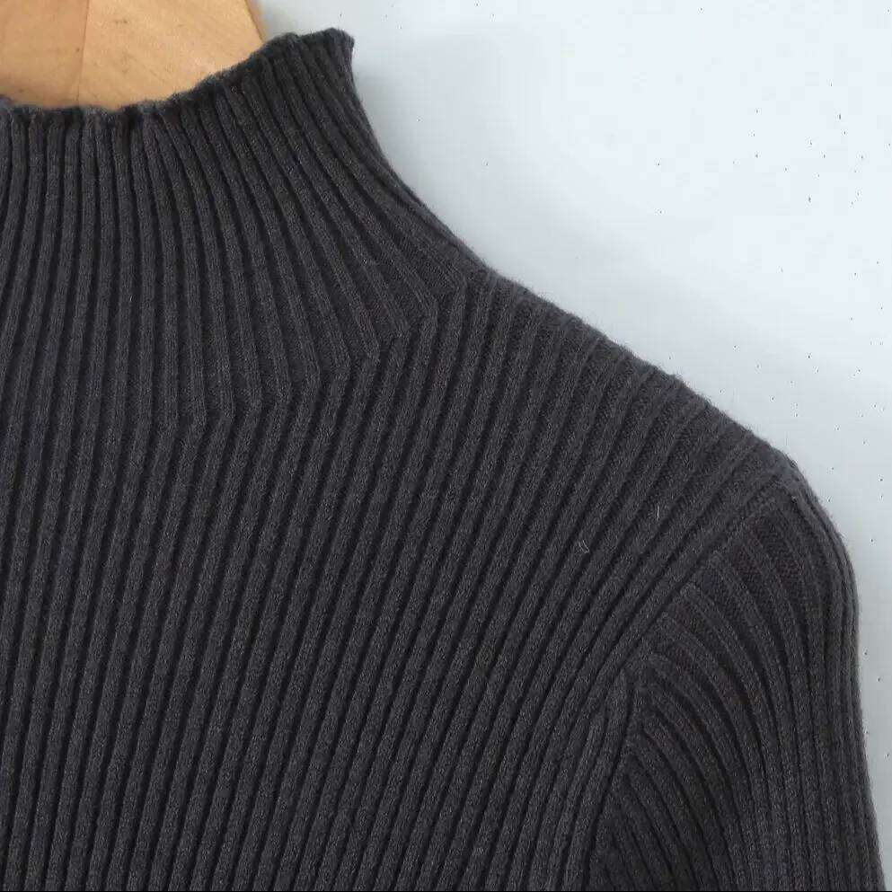 2025 Sexy High Collar Rib Line Knitted Long Flare Sleeve Sweater Dress Women Slim Waist Swing Short Dresses Knitwear Robe Brown Z260314