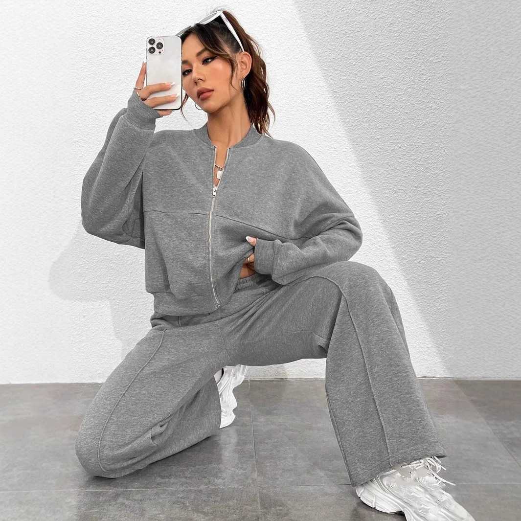 2026 New Spring Womens Zip Up Bomber Jacket and Drawstring Flared Pants Suit Fashion Casual Cozy Daily Sporty Simple Style Sets M260313