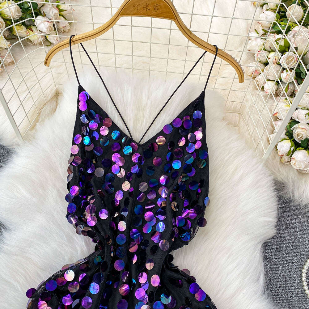 2026 high-end A14 sparkling sequin V-neck backless camisole dress designed specifically for performances