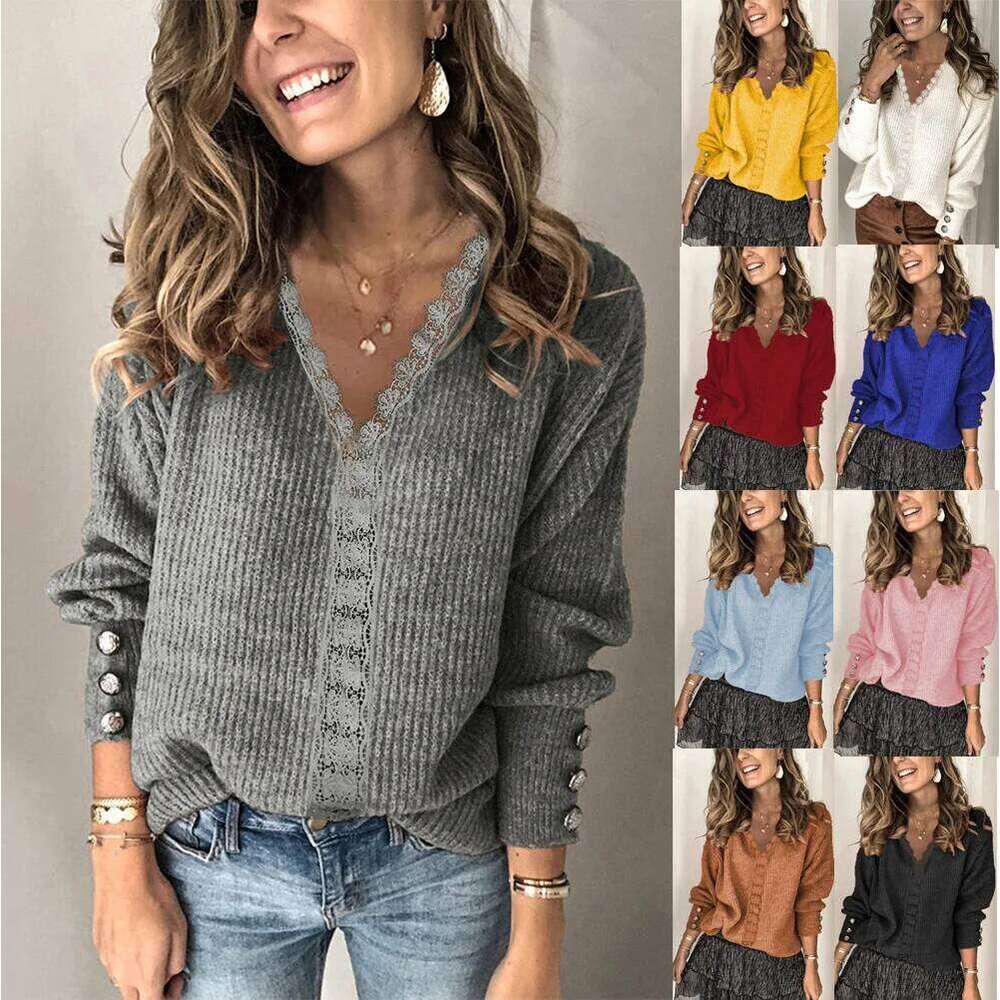 2025 autumn and winter new lace V-neck casual slim jacket for women loose long-sleeved solid color sweater Z260313