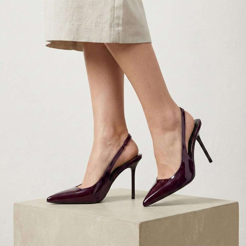 Women S Slingback Stiletto High Pointed Toe Slip On Pumps Shoes Patent Leather Stretch Strap Backless Dress Heels MOJIDASHU