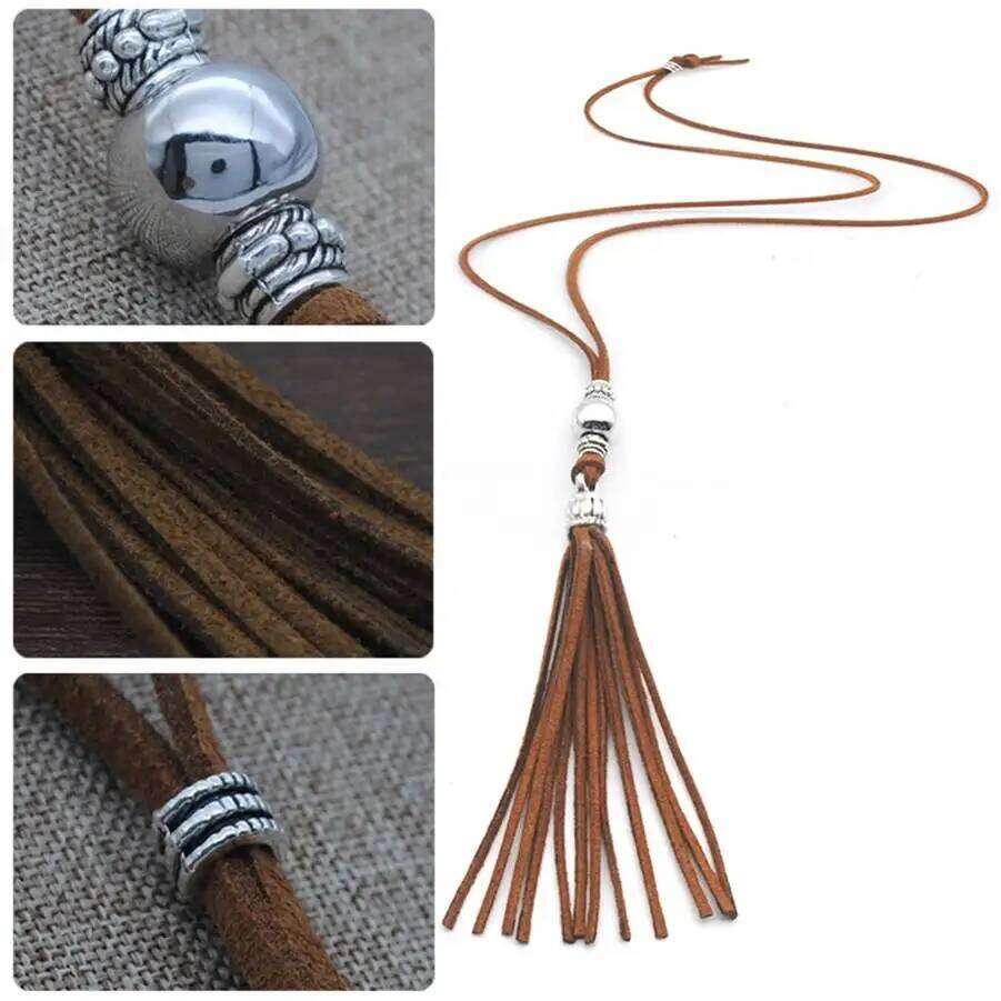 2022 Women Fashion Wild Tassel Long Bead Pendant Necklace Faux Suede Female Sweater Chain Accessoies Trendy Moana Kolye Choker H260312
