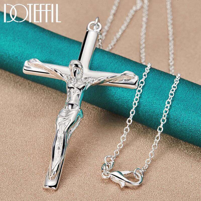 DOTEFFIL Silver Color Jesus Cross Pendant Necklace 16/18/20/22/24/26/30 Inch Chain For Woman Man Charm Wedding Jewelry H260312
