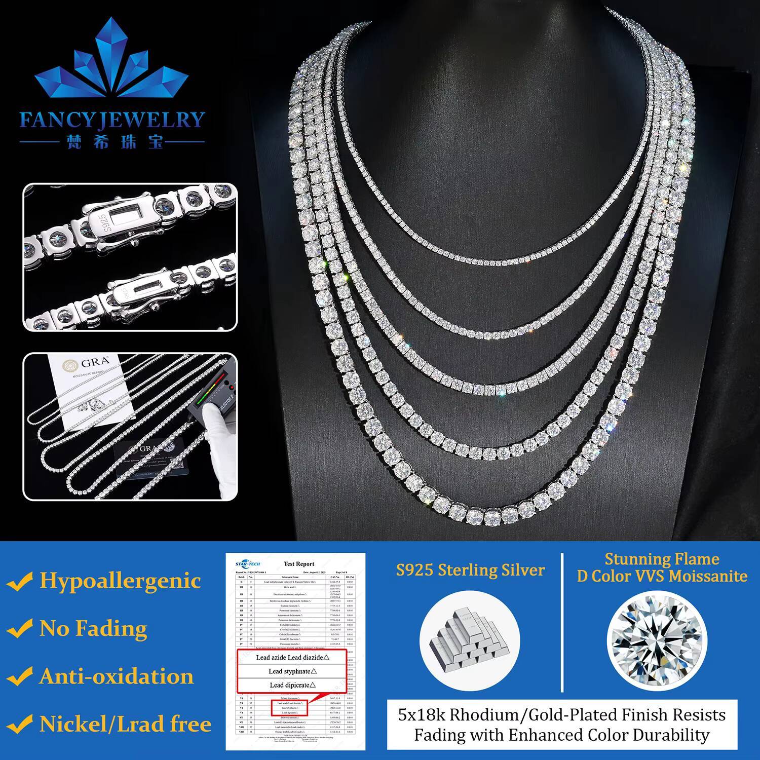 18K Rose Gold Yellow Gold Plate 2mm 3mm 4mm 5mm 65mm Moissanite 925 Silver Moissanite Cuban Link Chain for Men with GRA