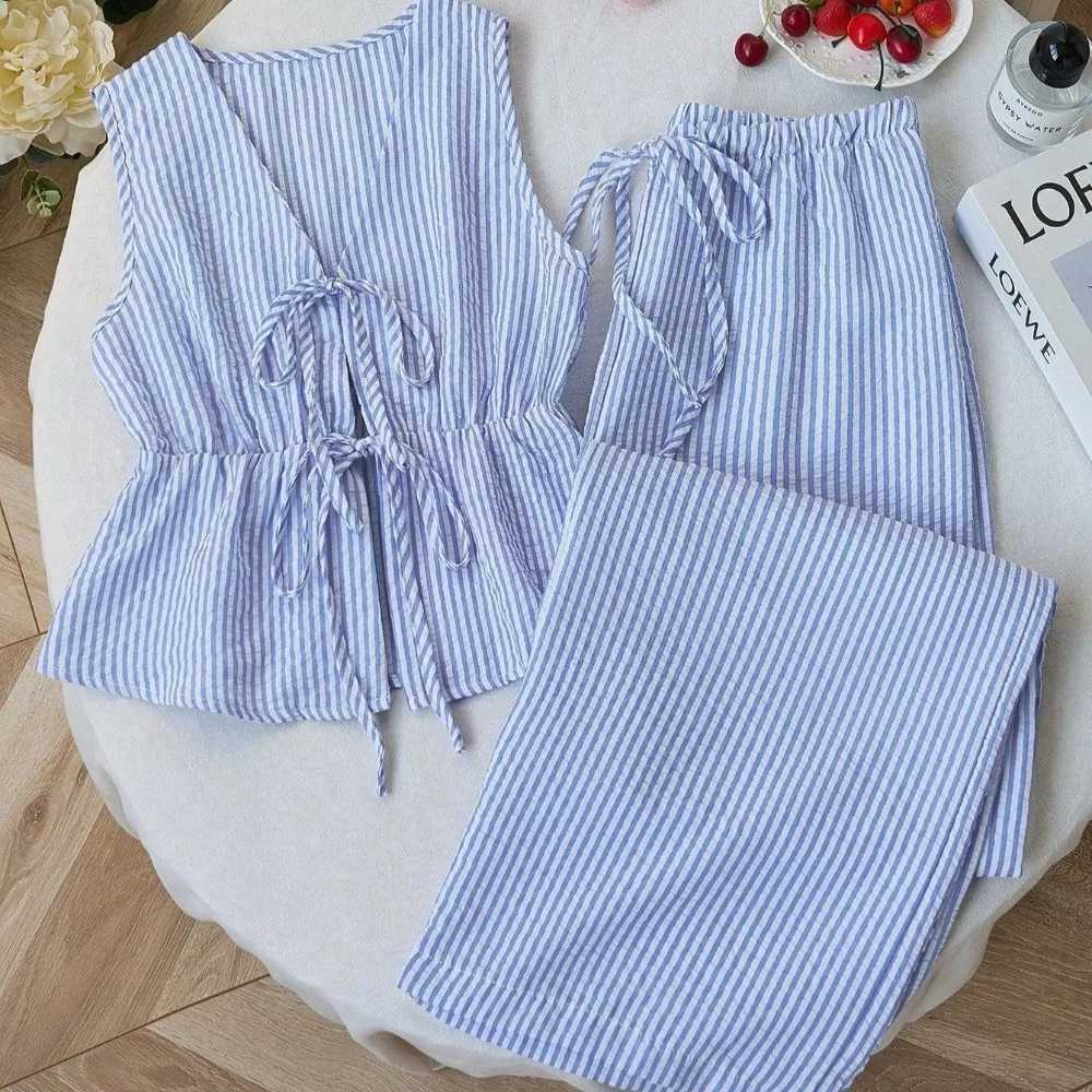 Womens Two-Piece Set -Solid Color with Stripe Detail Lounge SetStrappy Camisole Wide Leg Tie-Waist PantsSweet Casual Outfit M260313