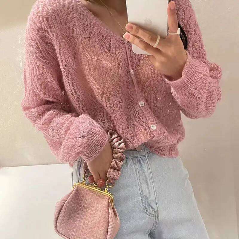 Cardigan Women V-neck Sexy Hollow Out Long Sleeve Single Breasted Sweet Solid Color Female Daily Thin Spring Autumn Breathable Z260313
