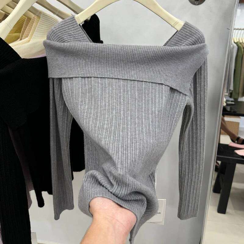 Women Off the Shoulder Sweater Top Ribbed Knit Long Sleeve Pullover Fitted Plain Jumper Ladies Fall Winter Elegant Outfit Z260314
