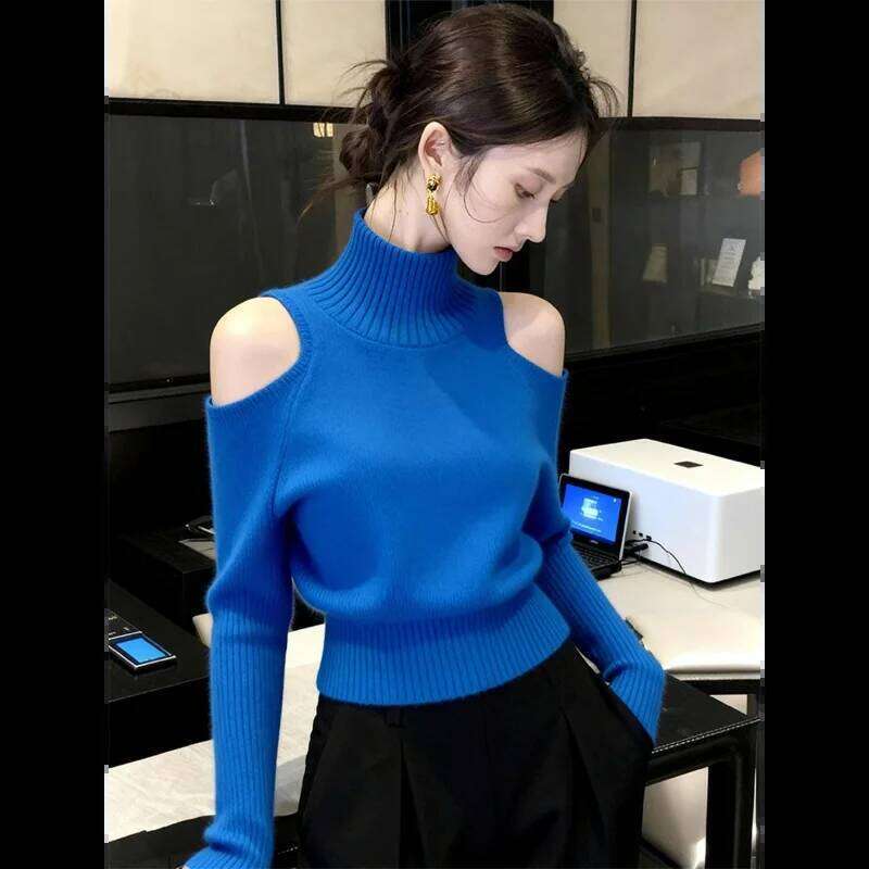 Red Off Shoulder Turtleneck Sweater Women Autumn Winter Lazy High End Sense Top Unique Stylish Knit Base Shirt Z260313