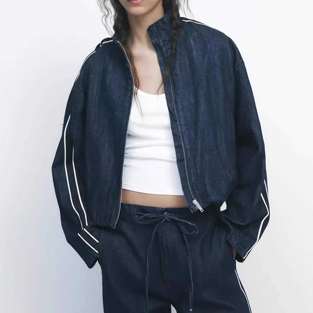 PRINTKAOIR Women High Street Denim Set Side Stripe Stand Collar Zipper Jacket Lace-Up Pant 2025 Autumn Winter Casual Female Set M260313