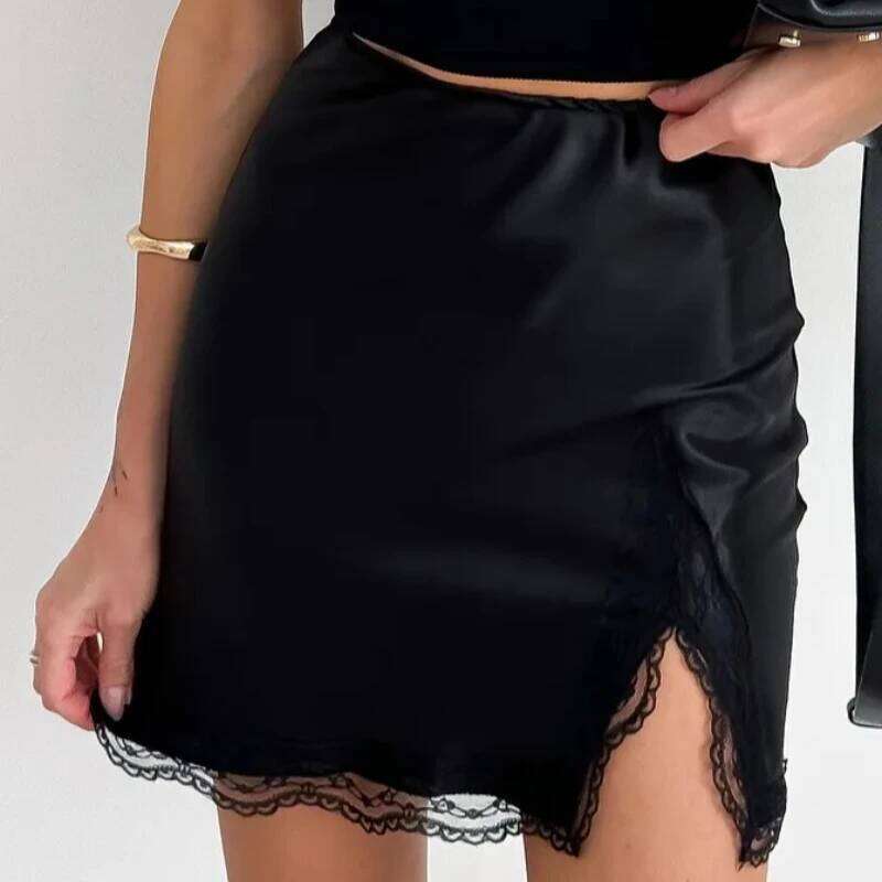 2025 Sexy Aesthetics Summer Women Street Gothic Harajuku Emo Girl Elegant Satin Solid Color Lace Stitching Split Hip Skirt Z260314