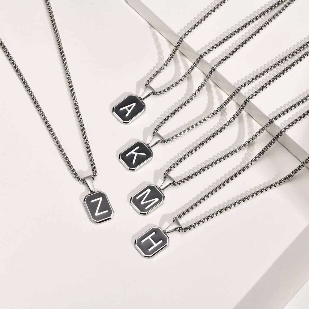 Stylish Initials Square Necklaces for Men Boys,A-Z 26 Letters Stainless Steel Pendant Collar Gifts,50/55/60/70cm H260312