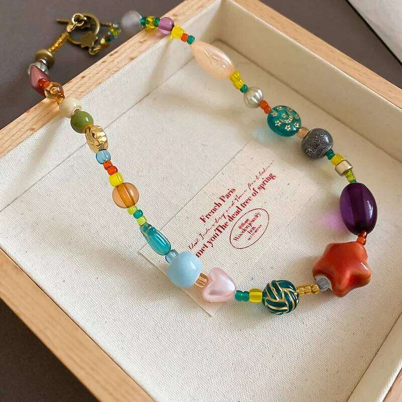 Dopamine Colorful Ceramic Glass Chokers Necklaces for Women Star Heart Ball Geometric Bead Necklace Ethnic Style Clavicle Chain H260312