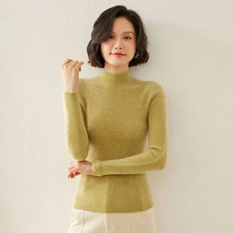 One-line Striped Half-high Collar Autumn and Winter 100% Cashmere Fashion Pullover Sweater Women Slim Bottoming Knitwear Z260314