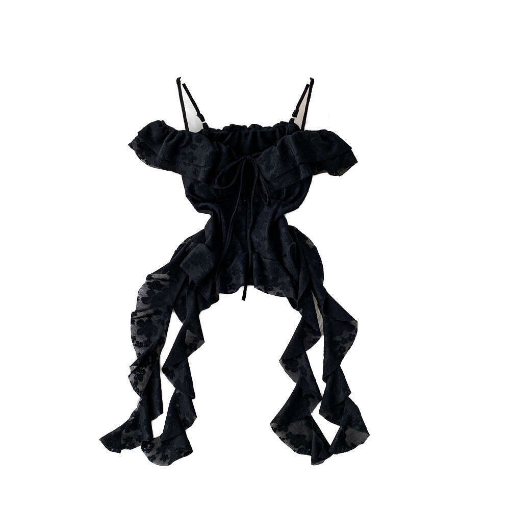 Designer French ruffled off shoulder women's vest 2026 new irregular jacquard slim fit top