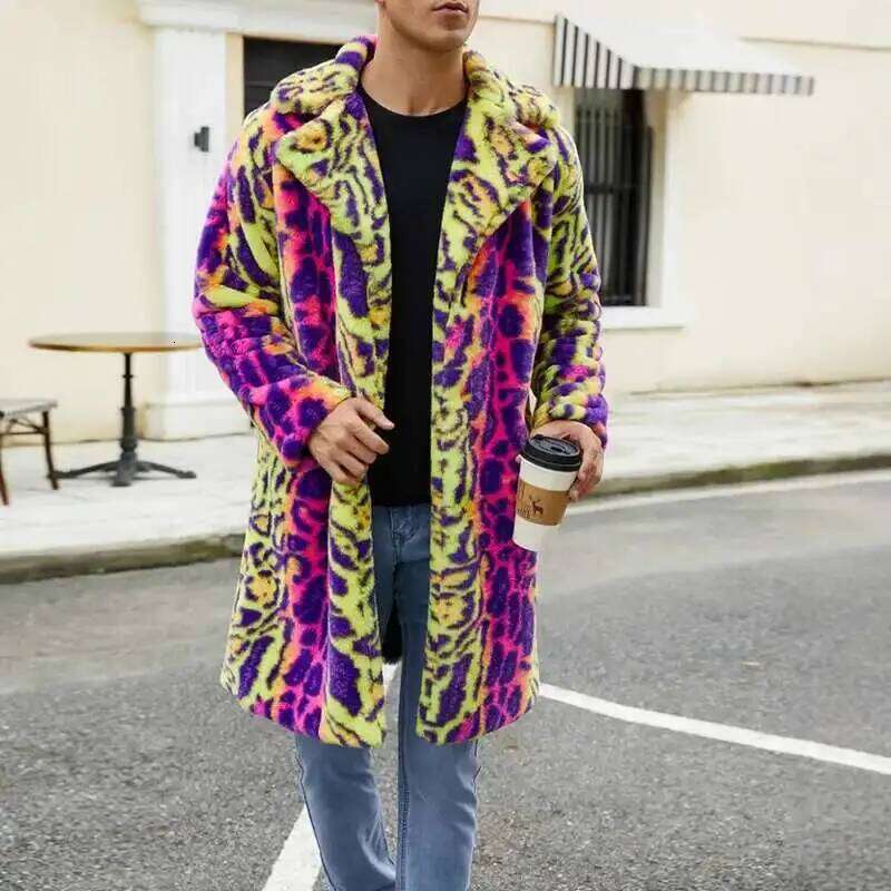 PFHQ Men's Faux Fur Coat Autumn Winter Warm Plush Jacket Leopard Print Contrast Color 2025 Long Sleeve Male Tops 21Z8047 Z260313