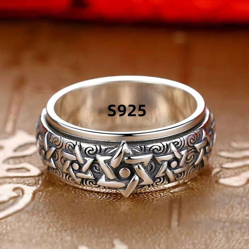 Rotatable S925 Sterling Silver Ring for Men Vintage Retro Stars Auspicious Cloud Couple Band Women Index Finger Accessories H260312