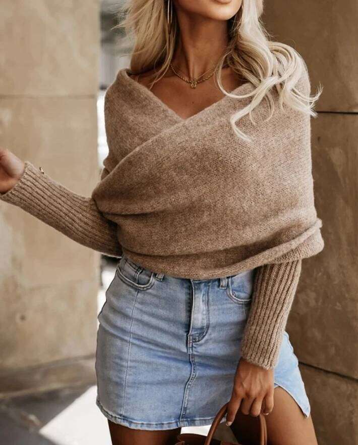 Autumn Lazy Women's Elegant Off Shoulder Cross Knitted Fashion Pullover Casual Outerwear Sweater Z260313