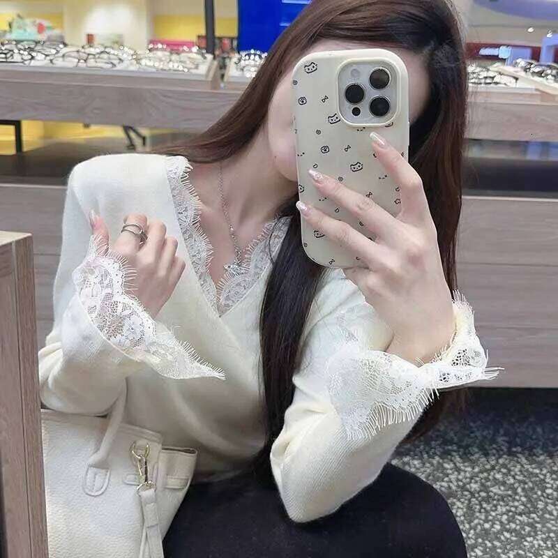 Fashion Lace V-Neck Knitted Sweater for Women Elegant Temperament Long Sleeve Jumpers Ladies Fall Winter Bottoming Pullover Z260313
