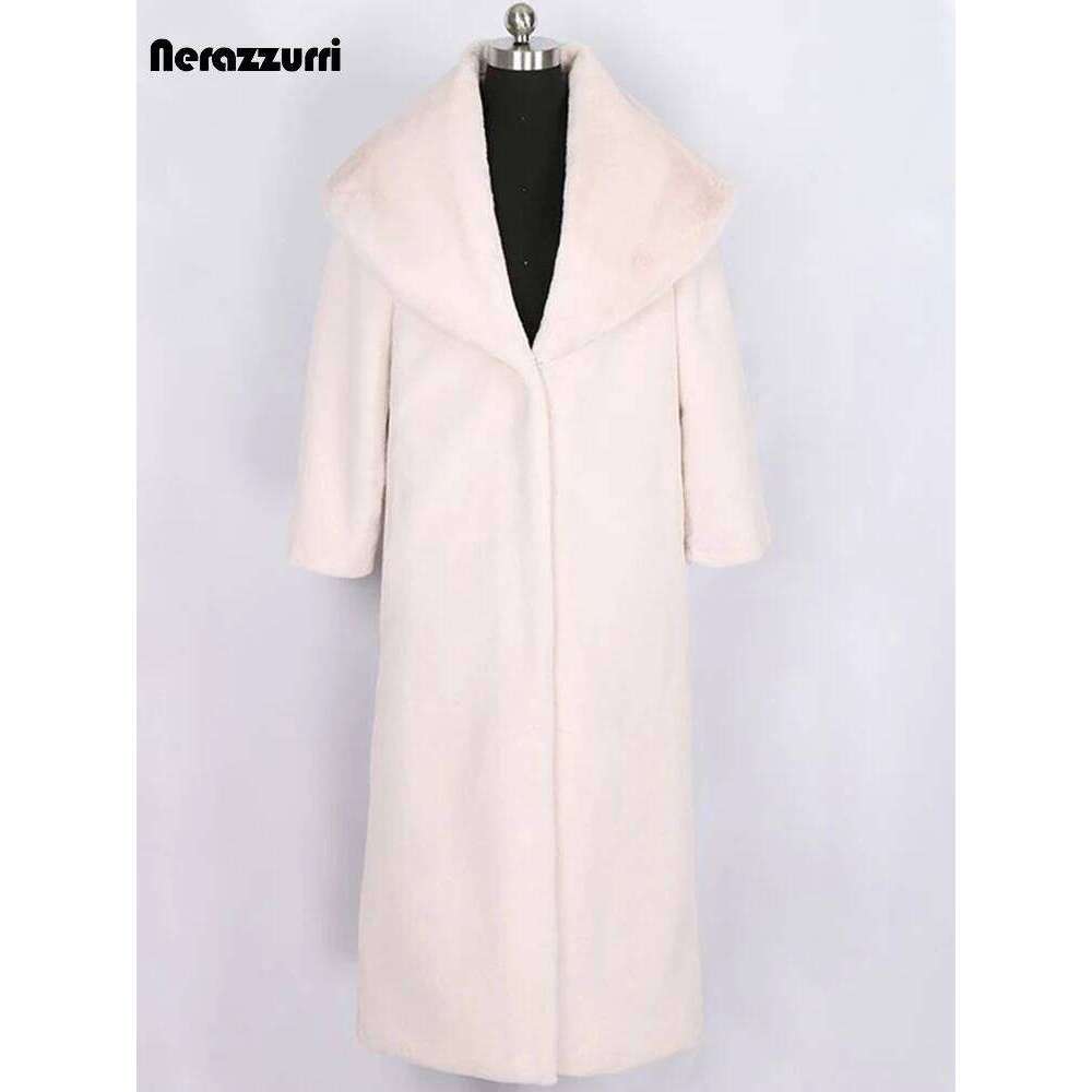 Nerazzurri Extra Black Winter Faux Coat Women Long Sleeve Plus Size Elegant Fluffy Sheared Mink Fur Overcoat 6xl 7xl Z260313