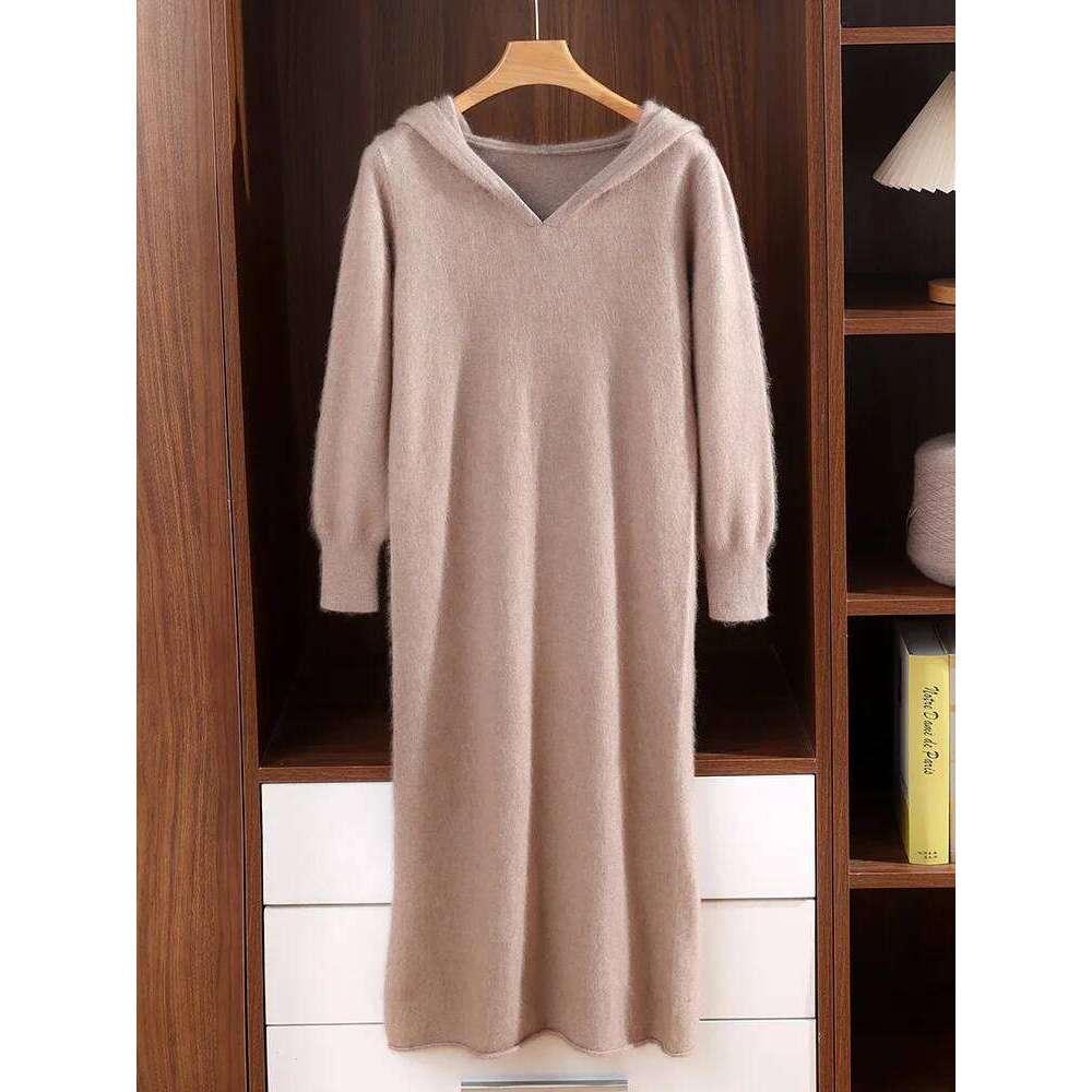 TLOML Women's 100% Mink Hoodie Pullover Casual Style Autumn Winter Solid Soft Warm Cashmere Knitted Long Dress Z260314