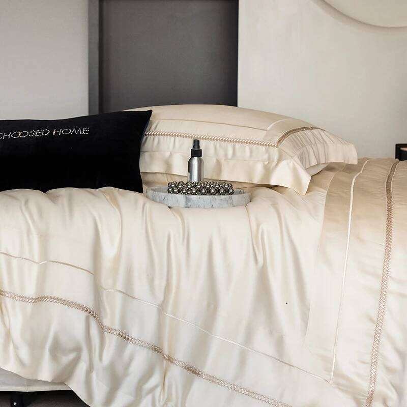 1000TC Egyptian Cotton Light Champagne Embroidery Bedding Duvet Cover Set Bed Sheet/Fitted Sheet Pillowcases 4Pcs H260312 - view 4