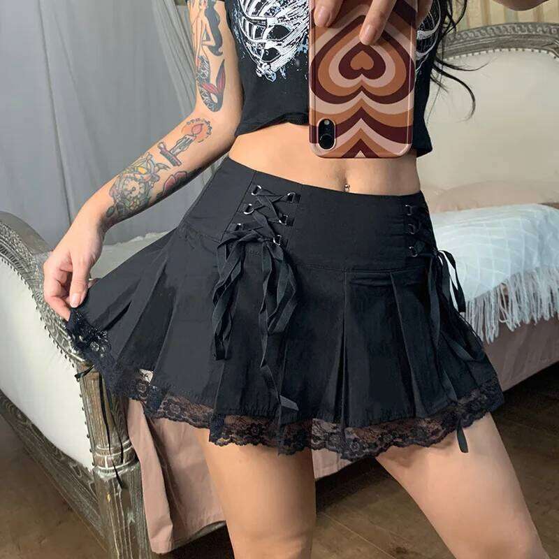 Goth Lace Up Mesh Trim Stitching Women Pleated Skirts Y2K Aesthetic High Waist Retro Streetwear Short Skirt Z260314