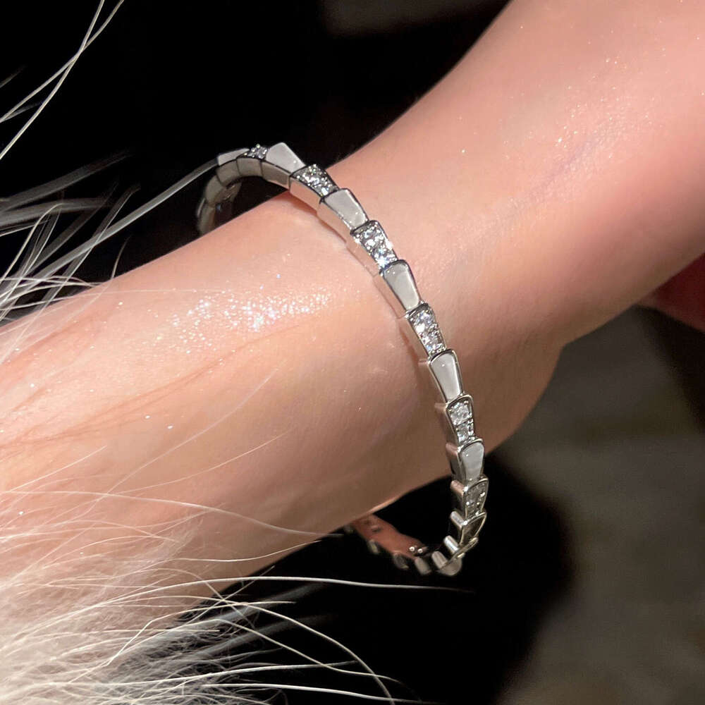 Women Jewelry Bracelets Charm Bracelets Snake-Shaped Mother-of-Pearl Titanium Steel Non-Fading Sparkling Zircon INS Style Open Silver Fashion Women Br