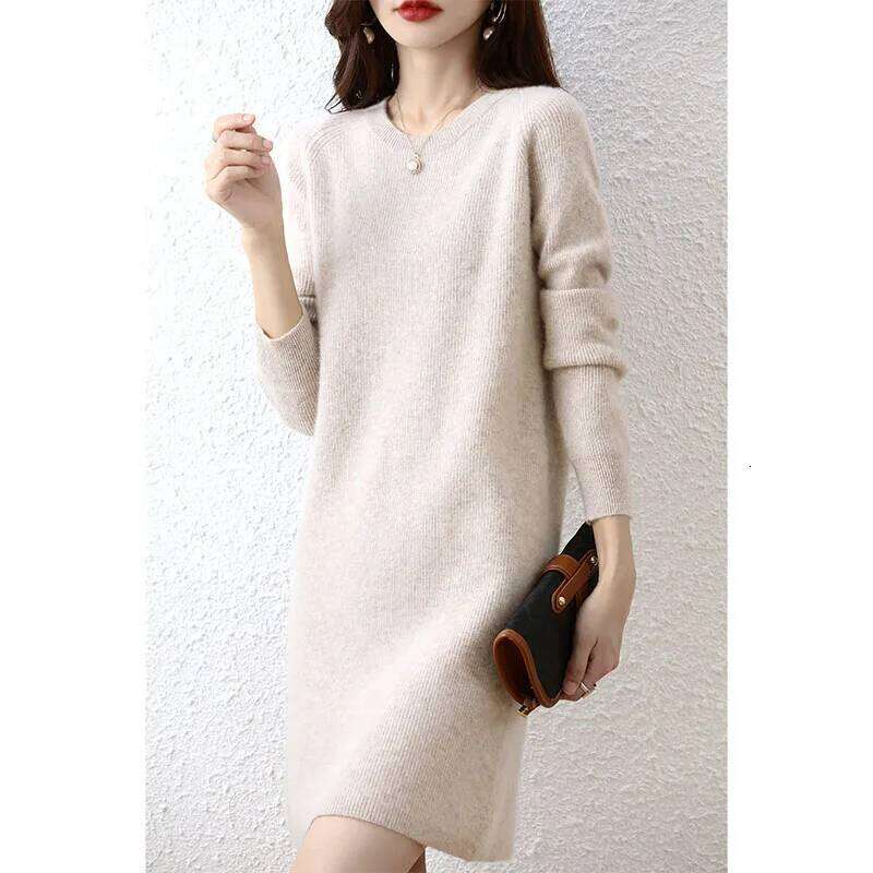Knit Dresses for Women's Fashion Sweater 100% Merino Wool Winter Ladies O-Neck Warm Knitted Dress Fall Female Casual Black Skirt Z260314
