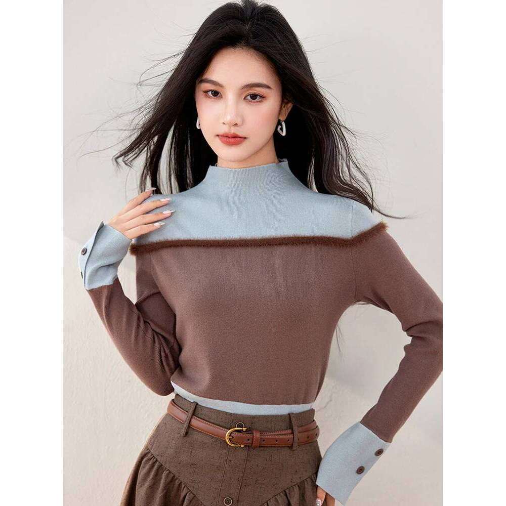 Half Turtleneck Colorblock Knitted Women's 2024 Autumn Winter New Long Sleeve Bottoming Solid Sweater Female Slim Tops Z260313