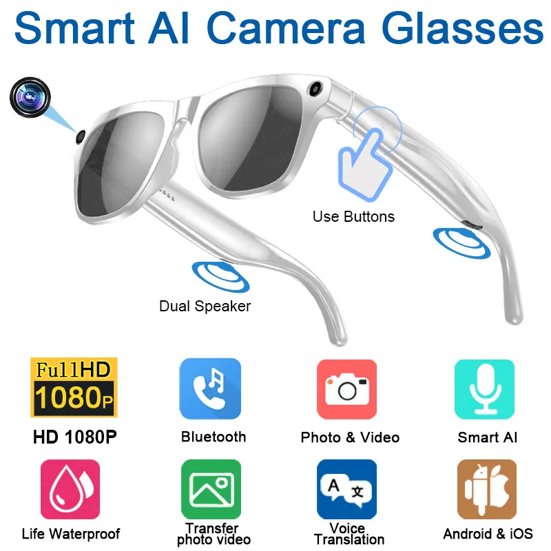 Glasses AI Glasses HD 1080P Camera Polarized Sunglasses Mini Video Recorder Security Sports DVR Surveillance Camcorder Ip65 Waterproof Bluetooth Glasses