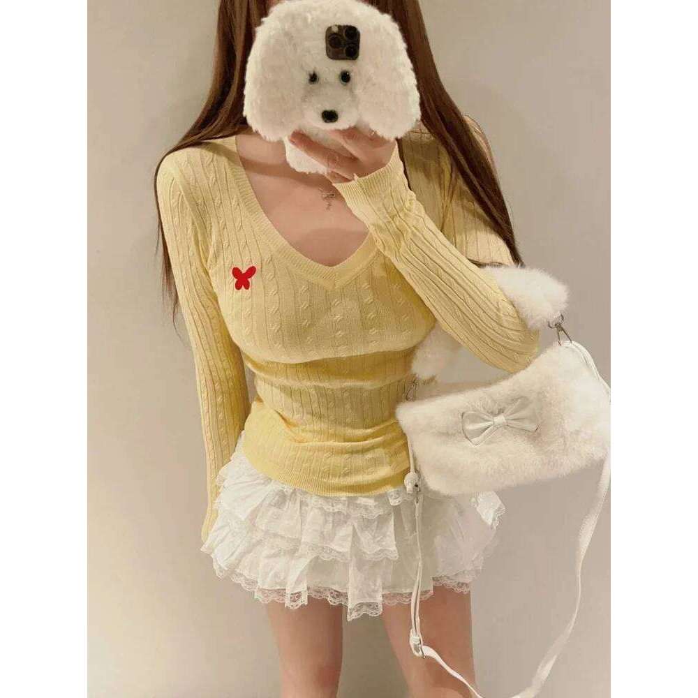 Casual V Neck White Pullovers Women Sweaters Autumn Winter Basic Long Sleeve Y2k Clothes Korean Pink Grey Ladies Tops Jumpers Z260313