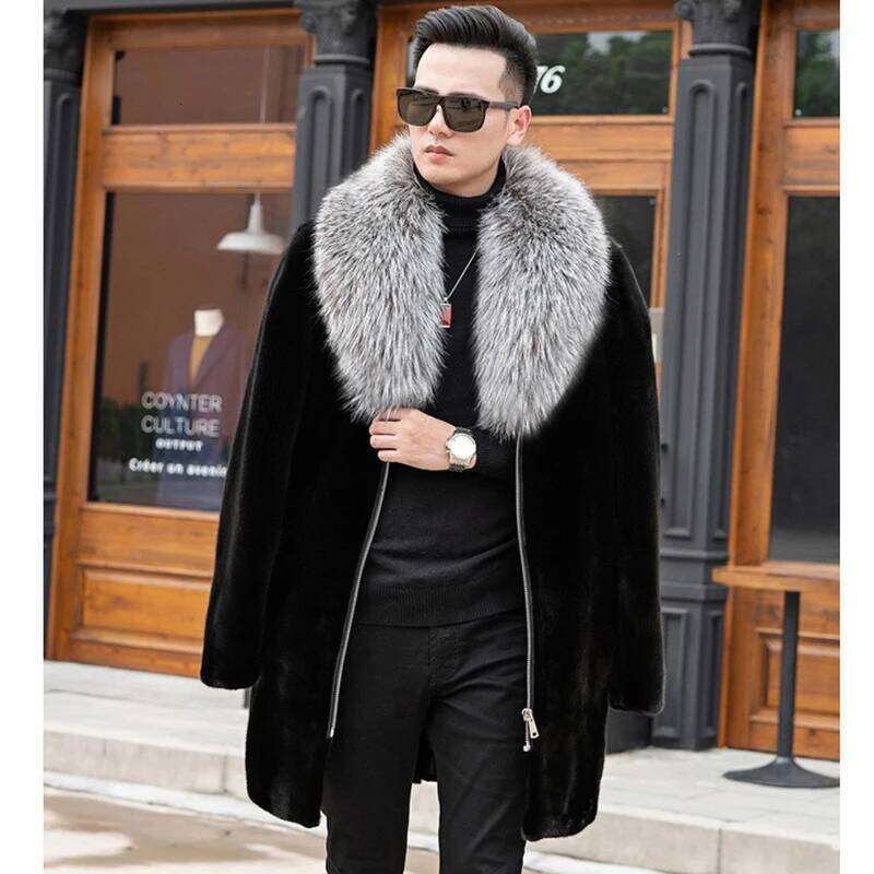 Men's mink coat extra long oversized silver fox fur collar casual warm jacket Z260313