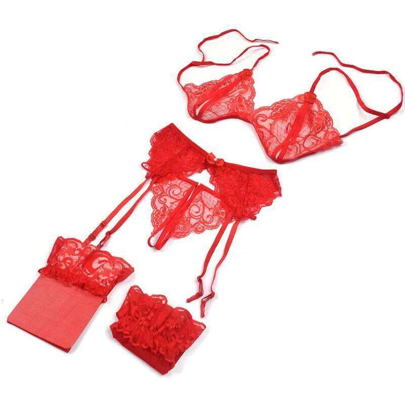 Lace Women Lingerie 4 Pcs Sling Open Sexy Wiht Garter Panties Push Up Bra Set Erotic Transparent Underwear Net Stockings