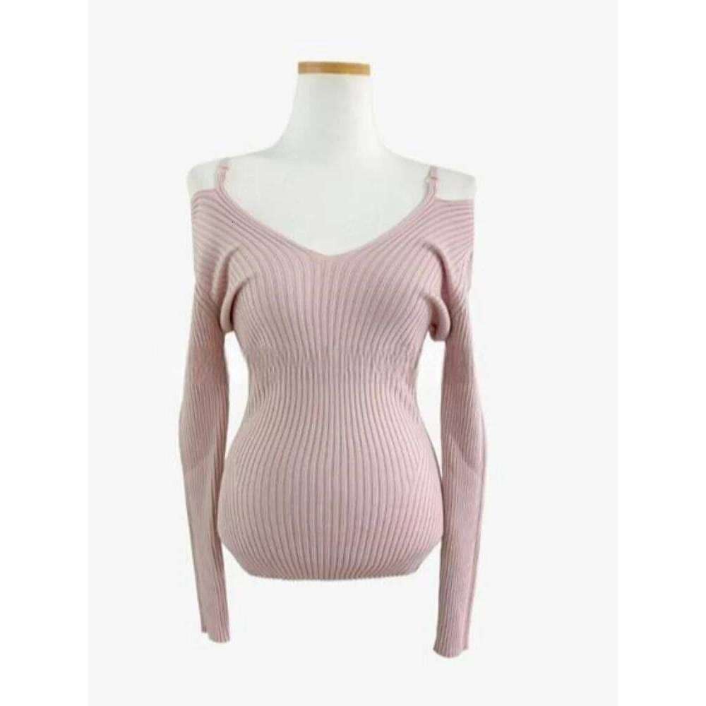 Shoulder Bared V-Neck Knitted Pullover Women's Spring 2026 Back Hollow-Out Jersey Sweater Solid Versatile Long Sleeved Jumpers Z260313