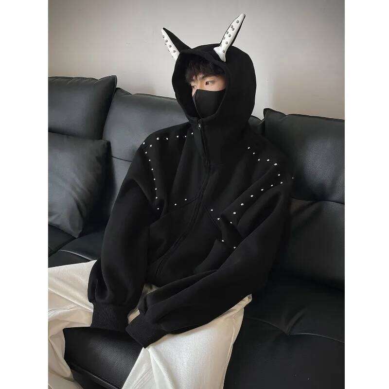 Tide Street Rivets Ear Design Zipper Jackets Punk Style Men's Hoodie Jacket Loose Fit Couple Hooded Cardigan Z260315