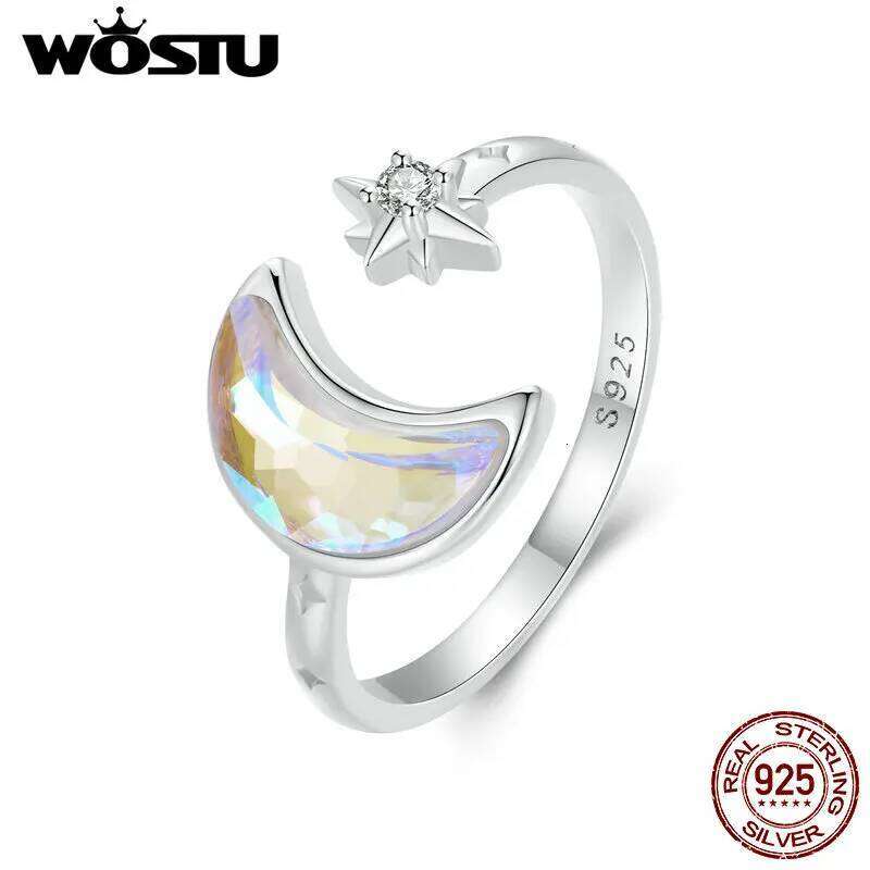 WOSTU 925 Sterling Silver Moon Star Open ring For Women Rainbow Moonstone Zircon Adjustable Rings ly Party Jewelry Gift New H260312