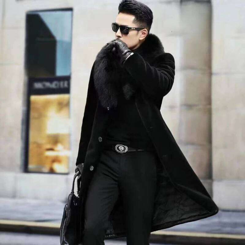 Men Winter Warm Luxury Brand Faux Fur Jacket Black High-end Thick Trench Coat Buttons Long Sleeve Outerwear Jackets New Z260313