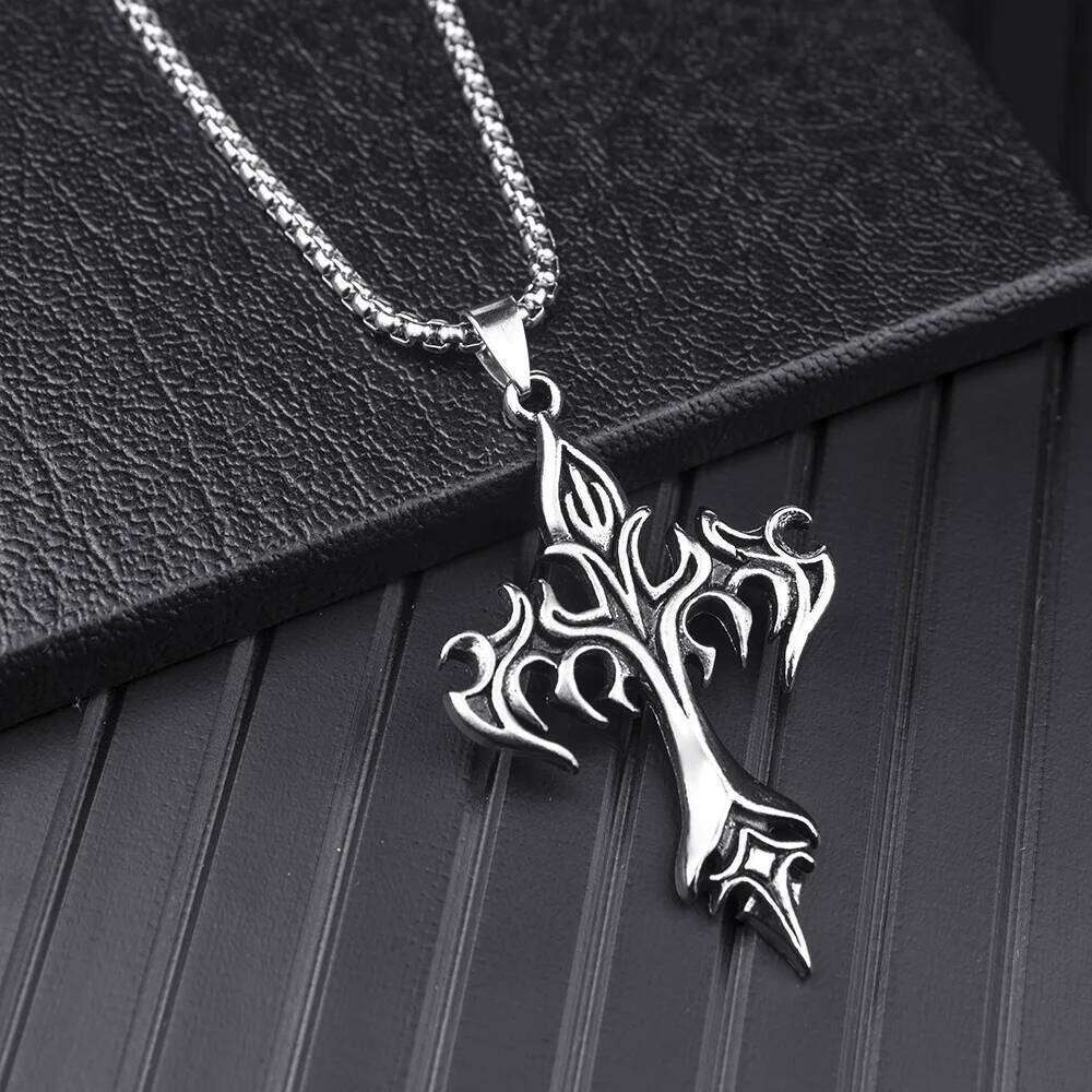 Hip Hop Fashion Jewelry Unique Design Stainless Steel Flame Cross Pendant Necklace Goth Necklaces Gift for Women Men H260312