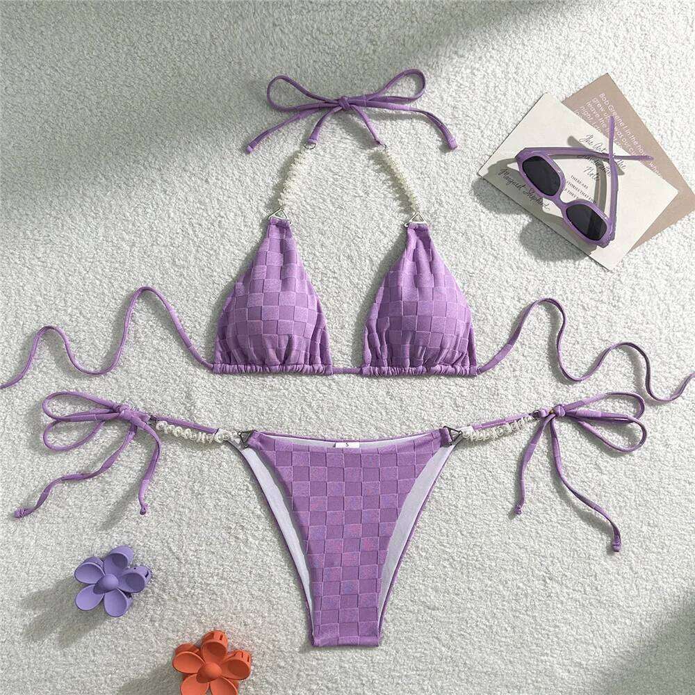 Light Purple Swimwear Pearl String Halter Micro Bikini Thong 2025 Sexy Swimsuit Women Bathing Suit Triangle Bikinis Sets Mujer Y260303